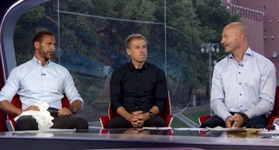  Jurgen Klinsmann sat in the pundit's chair sandwiched between two former England stars Rio Ferdinand and Alan Shearer