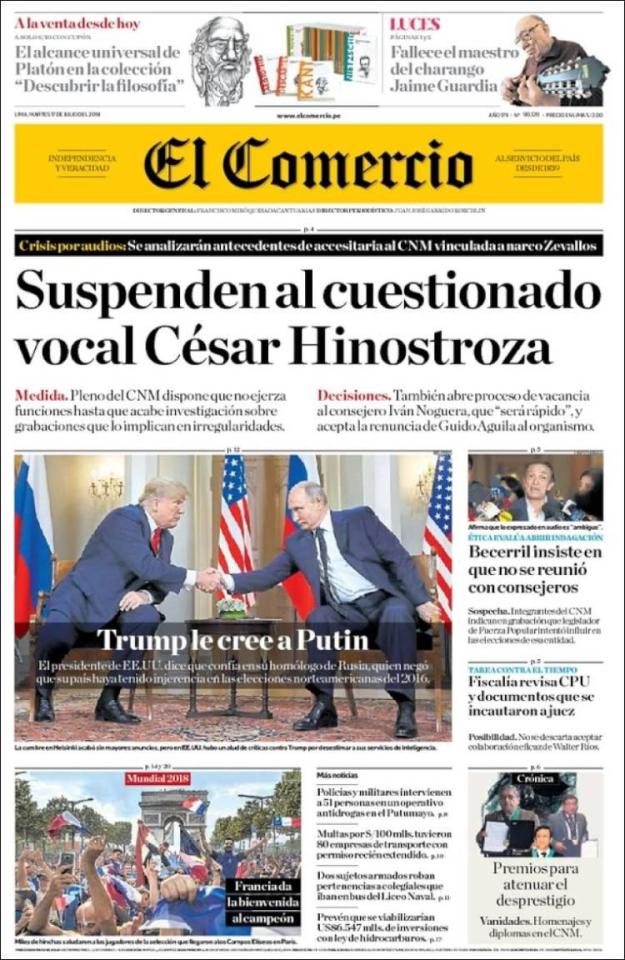 Peru's El Comercio also referenced Trump completely disregarding his intelligence agencies with the headline: 'Trump agrees with Putin'