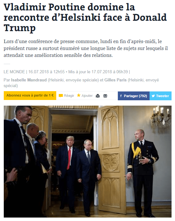 And France's Le Monde wrote: 'Vladimir Putin dominates Helsinki match against Donald Trump'