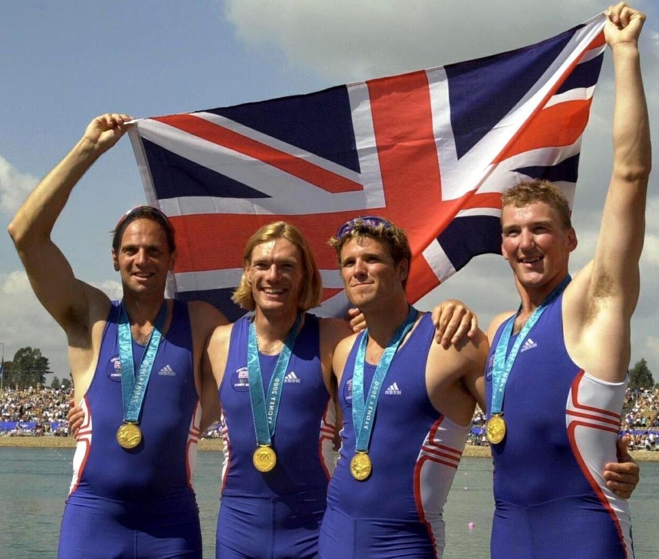 Steve Redgrave, Tim Foster, James Cracknell and Matthew Pinsent after winning the gold medal in the men's coxless fours final at the 2000 Olympic Games in Sydney