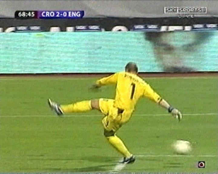  Paul Robinson missed his kick as Gary Neville's own goal rolled into the net during the 2-0 defeat in Zagreb