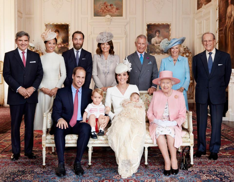  The Queen, pictured in 2015 at Prince Charlotte's christening, missed her great-grandson's big day as she was travelling back from Norfolk with Prince Philip