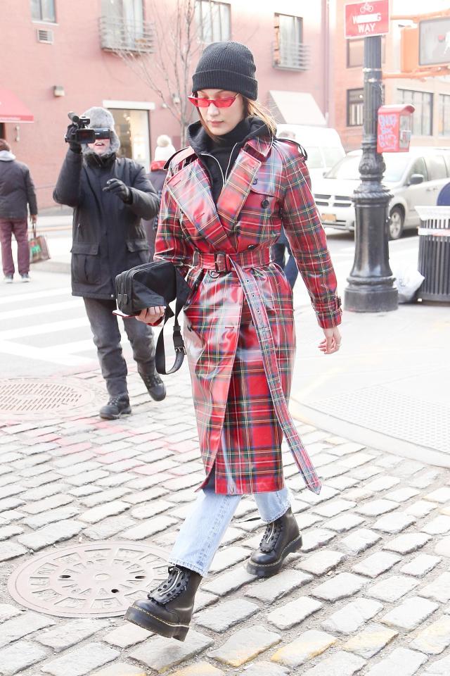 Bella Hadid wore a Burberry Laminated-tartan wool trench coat while out and about in New York City 