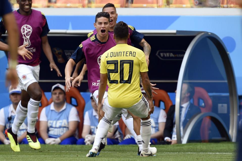  Juan Quintero celebrates scoring the equaliser against Japan