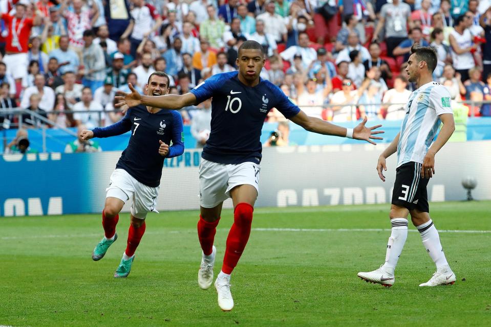  Kylian Mbappe celebrates the second of his brace against Argentina.