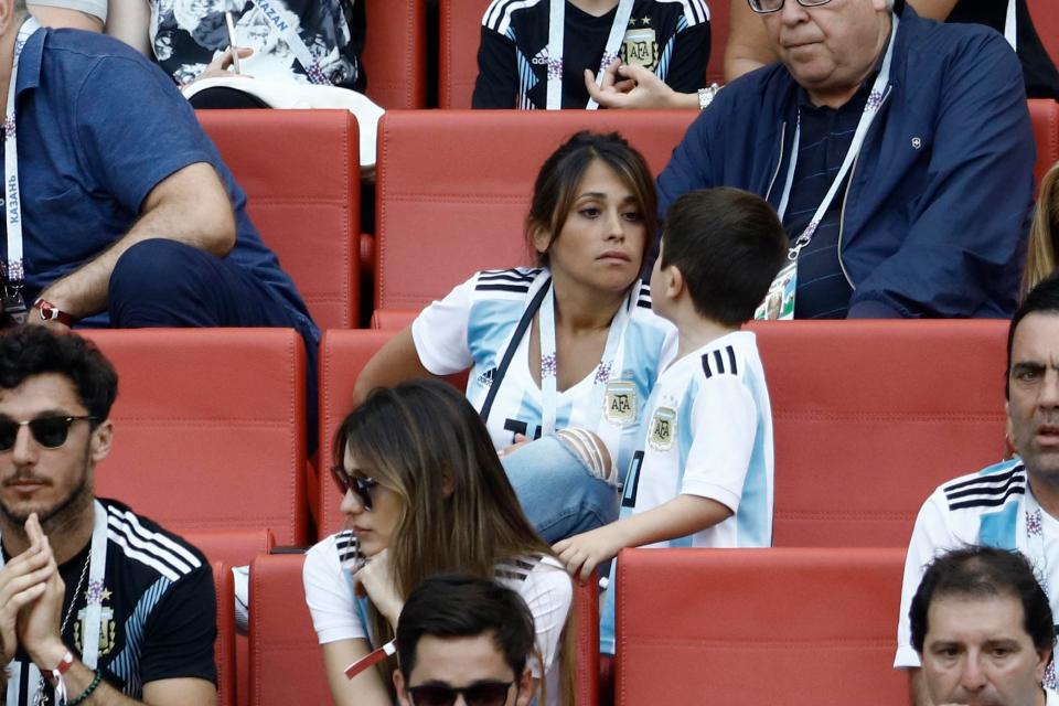 Antonella Roccuzzo and her children dress in full Argentina kits to support Lionel Messi