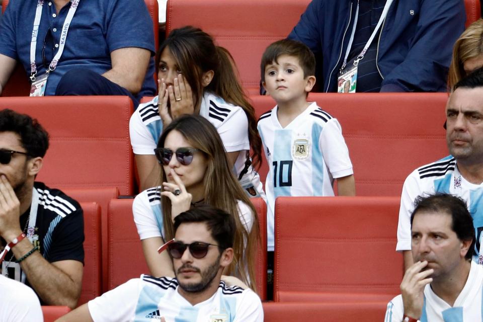 Antonella Roccuzzo covers her face in her hands while France run riot against Argentina