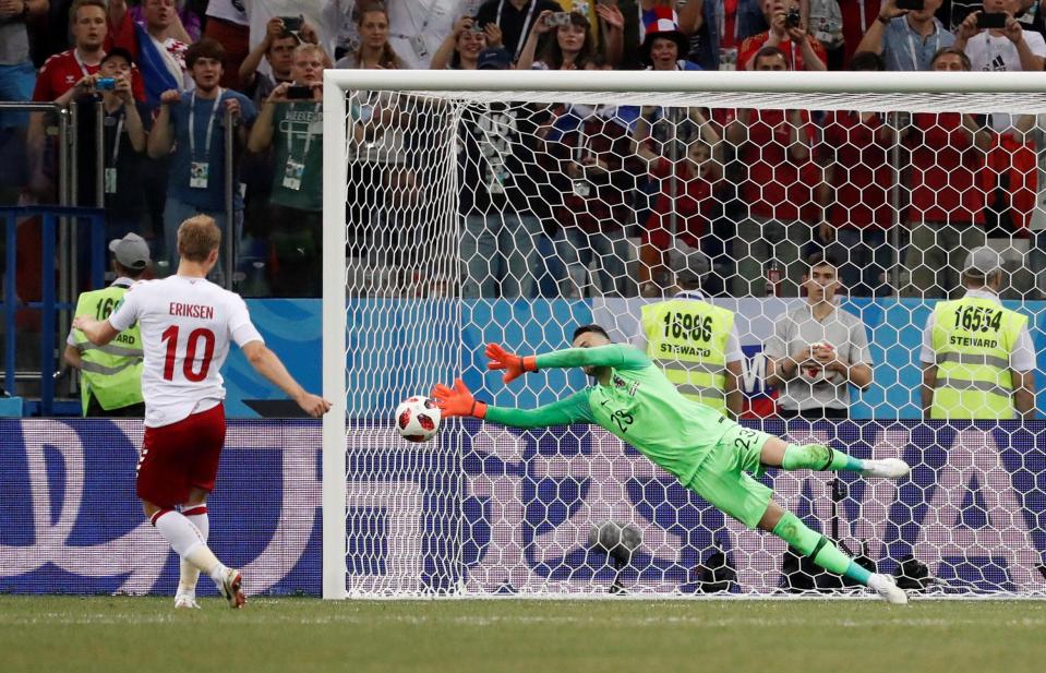  Croatia keeper Danijel Subasic saves Christian Eriksen's penalty