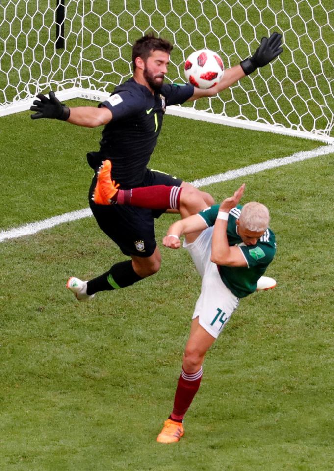  Javier Hernandez collides with Brazil goalkeeper Alisson