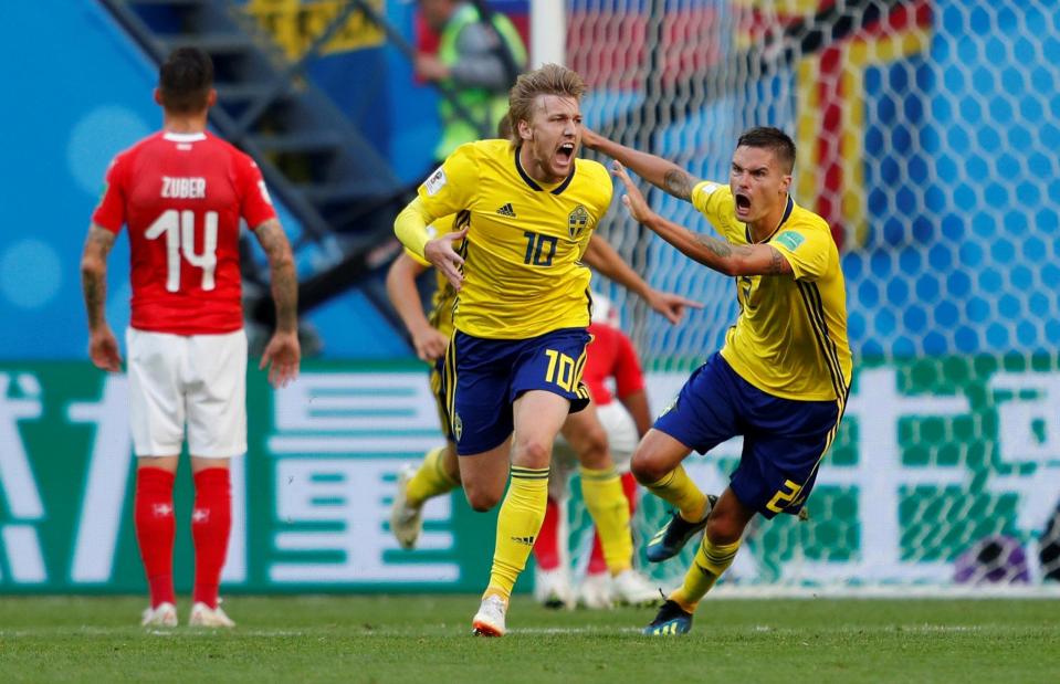  RB Leipzig maestro Forsberg wheels away in delight after his deflected effort hit the back of the net