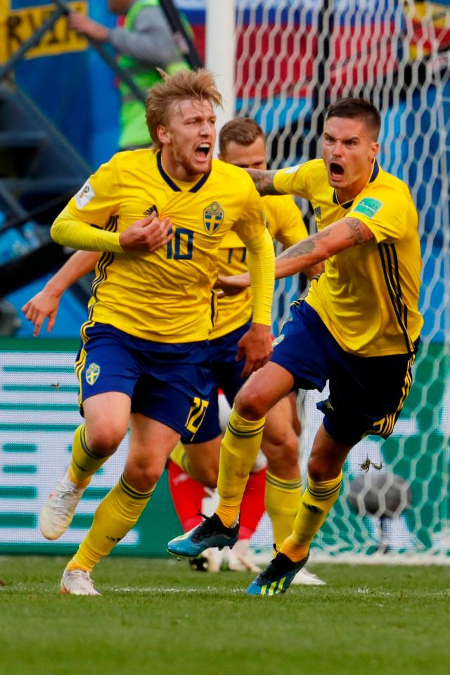  Sweden's Emil Forsberg celebrates after scoring against Switzerland to help bring his team through to the quarters