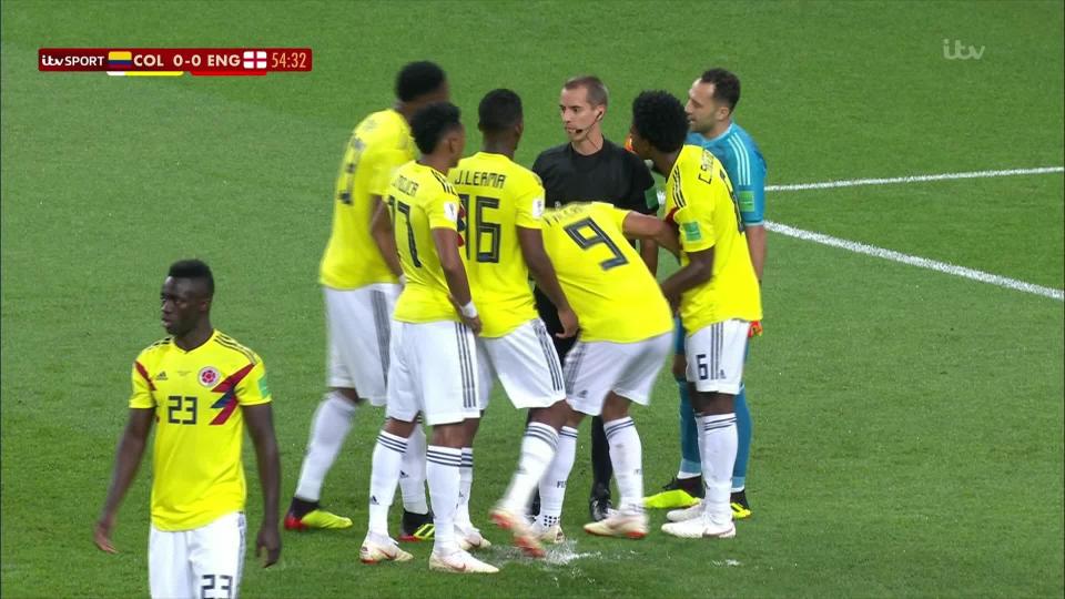  Colombian players raced to the penalty spot as tempers flared during the tie