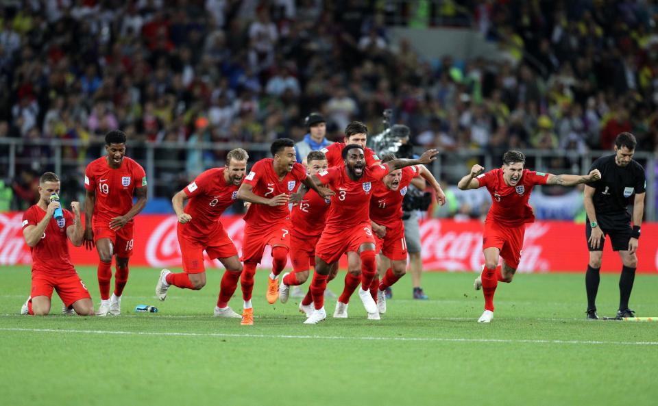  Jesse Lingard leads the celebration after charge after Eric Dier nets the winning penalty