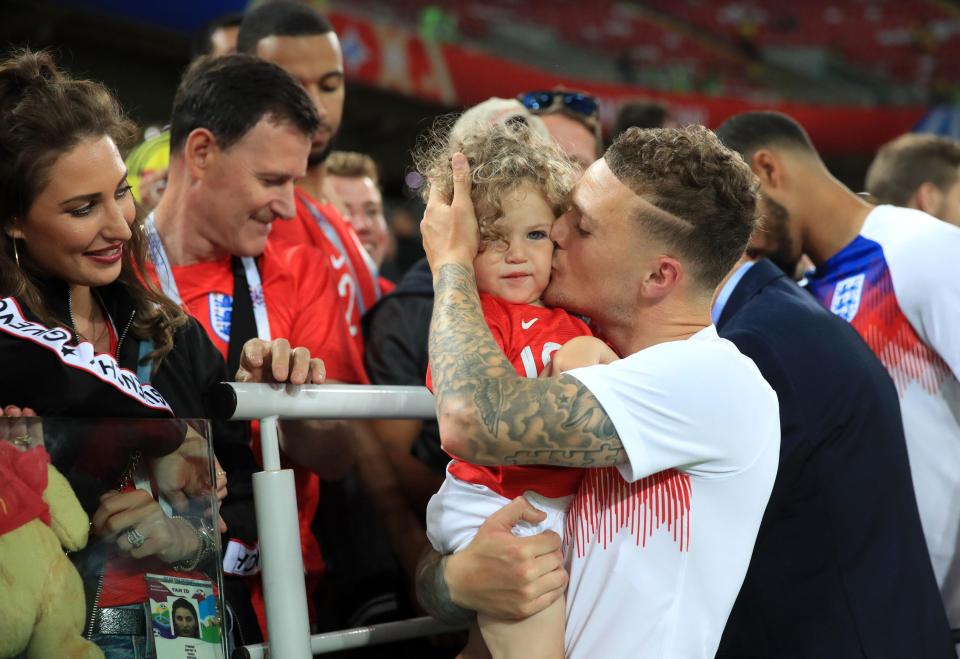  Kieran Trippier celebrates the win over Colombia with son Jacob and wife Charlotte