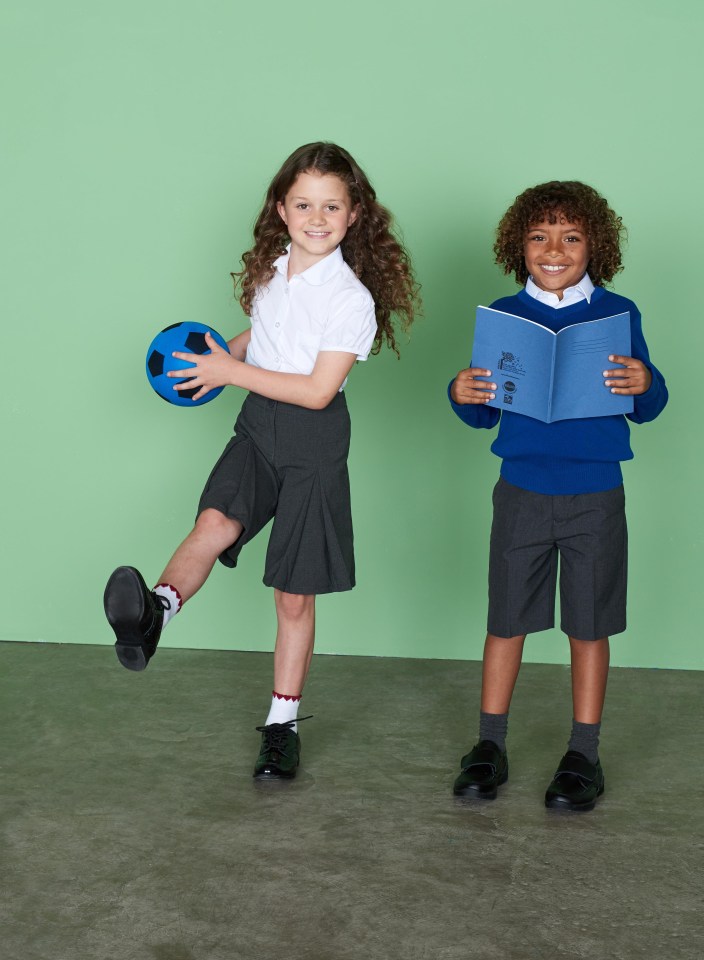 M&S girls’ uniform costs £55, while the boys’ is £67. Blue foam football, £6.45, blue exercise books, £14.99 for 25, both amazon.co.uk. 