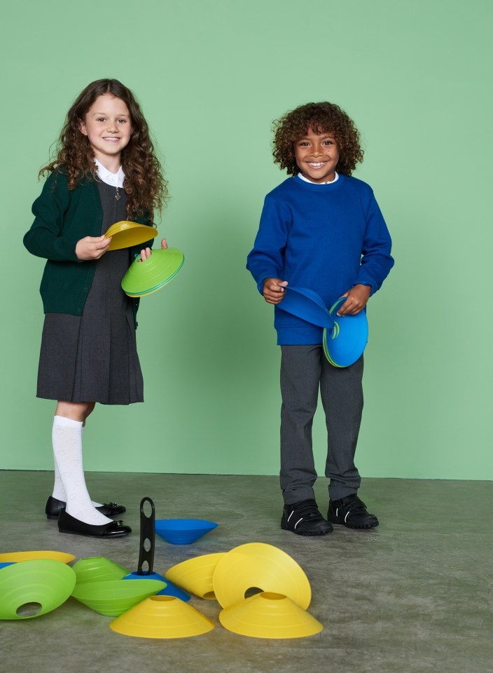 Morrisons girls’ uniform costs £28.50, while the boys’ is £24.50. Coloured marker cones, £13.99, amazon.co.uk.