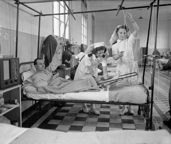 In 1948, most patients with broken bones wouldn't have surgery because the risk of infection was so high. Instead they would be kept in traction beds while their bones healed