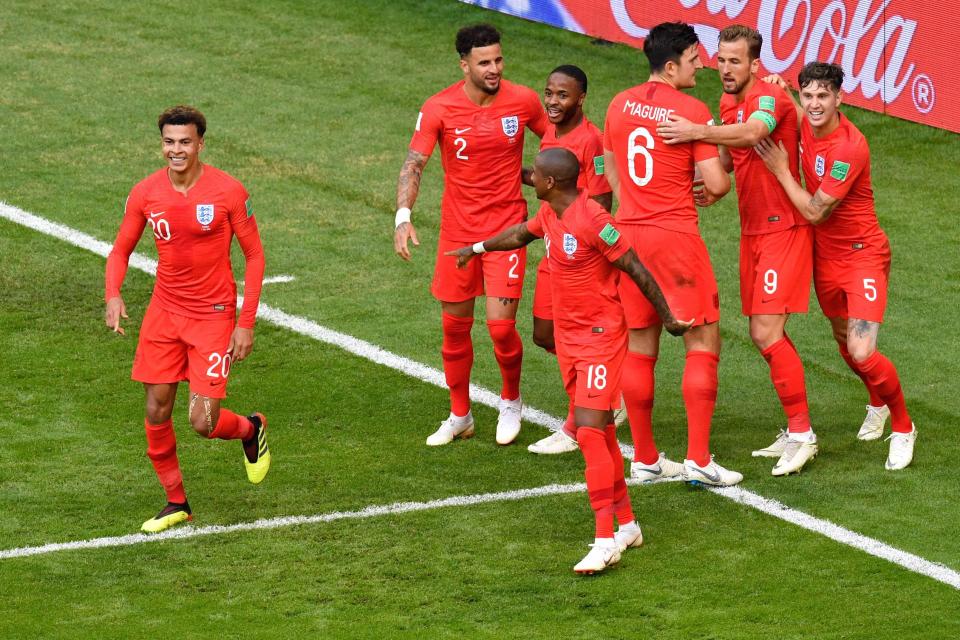  England celebrate after going two-up as they put Sweden to the sword in the quarter-final