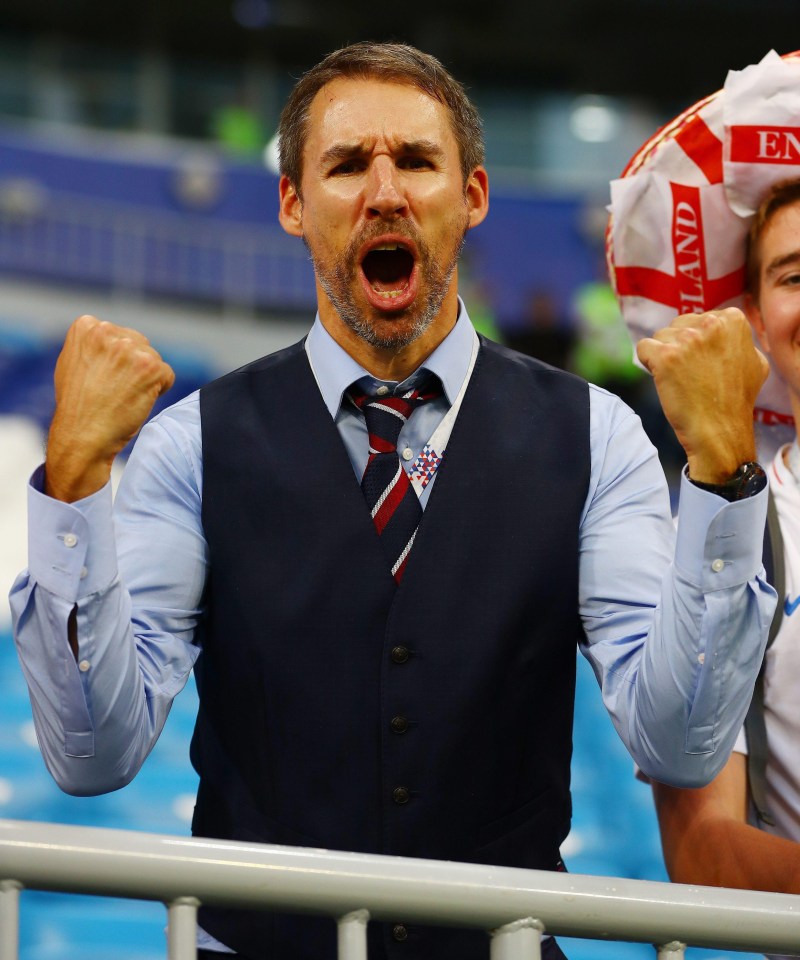 England fan and pilot Neil Rowe, 43, showed the way as he donned the same kit as Southgate in the stands during the game against Sweden