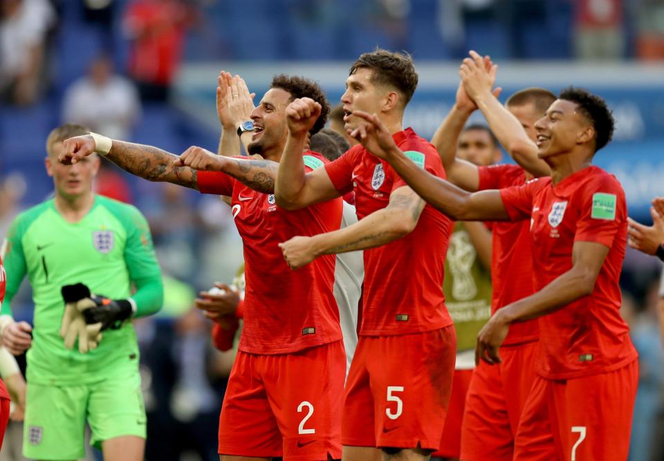  England's players celebrate their win over Sweden in the quarter-finals