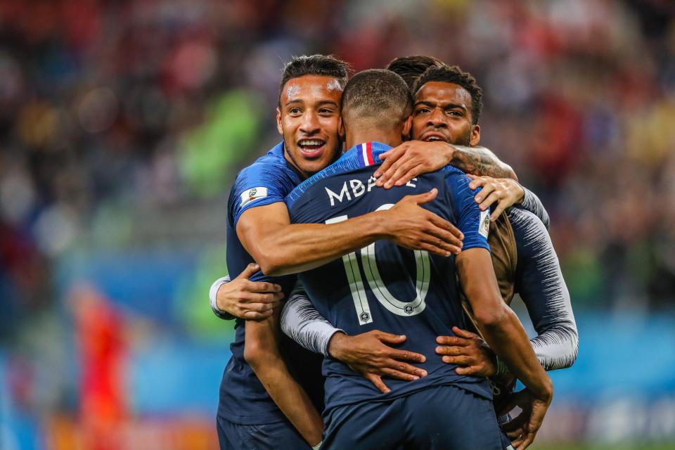  France celebrate after beating Belgium to reach the World Cup final