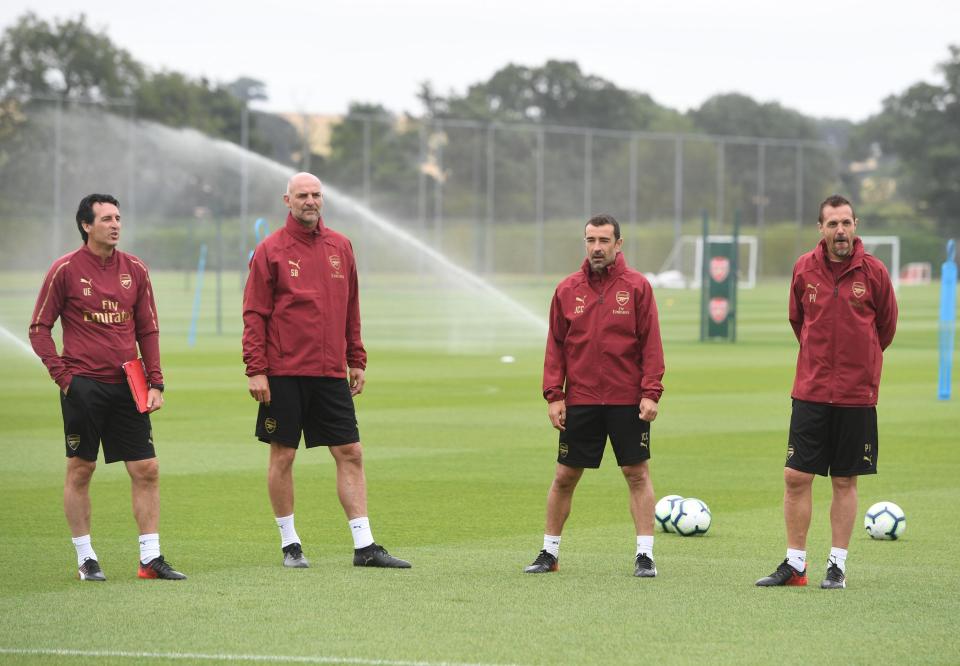  Unai Emery alongside coaches Steve Bould, Juan Carlos Carcedo and Pablo Vallanueva