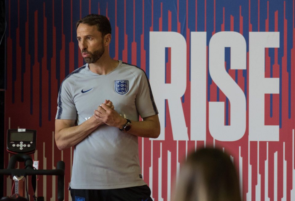  Gareth Southgate addresses the team and back room staff following their World Cup semi-final defeat