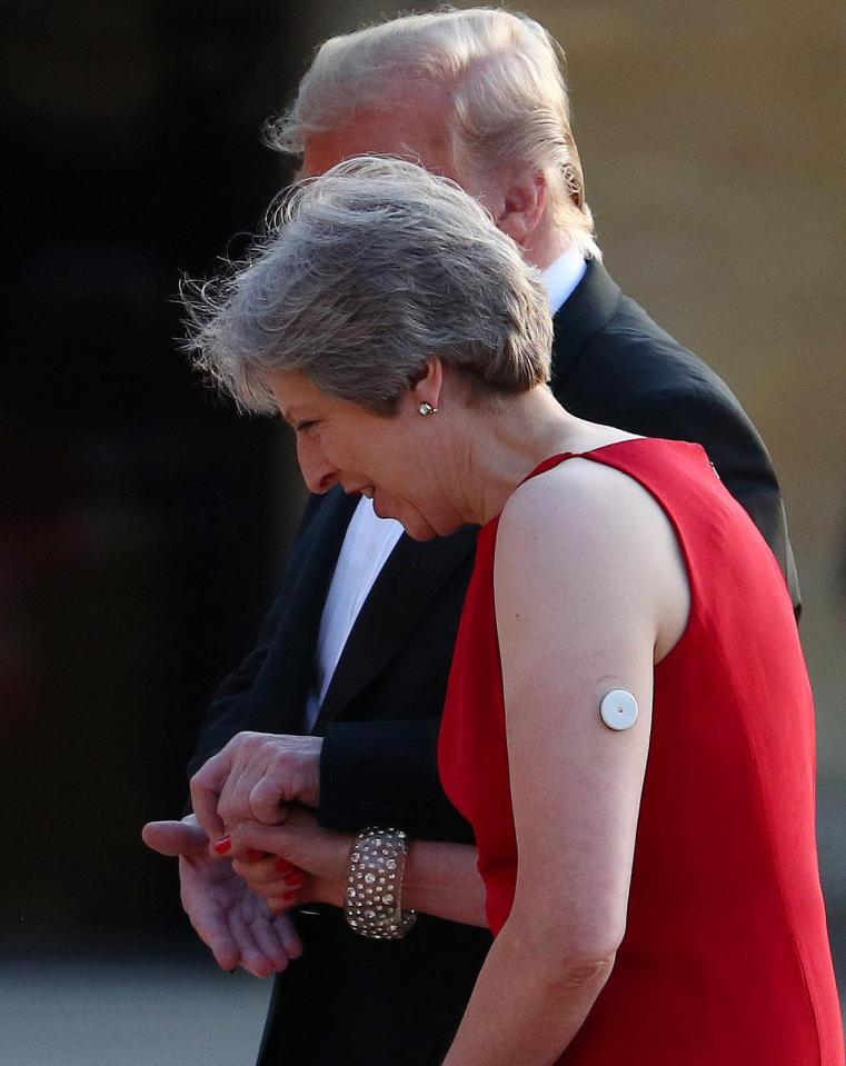  Theresa May and Donald Trump climb the steps to the entrance of Blenheim Palace with the glucose monitoring patch on her arm