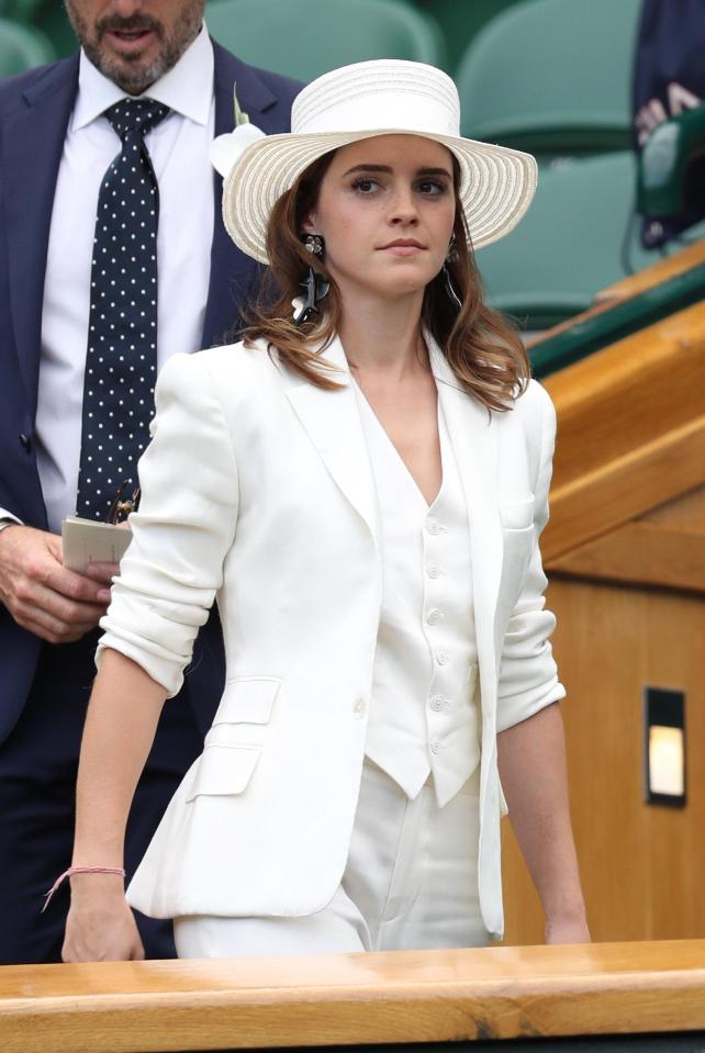  Emma Watson joins the Duchesses in the Royal Box, wearing a white trouser suit and matching white straw boater