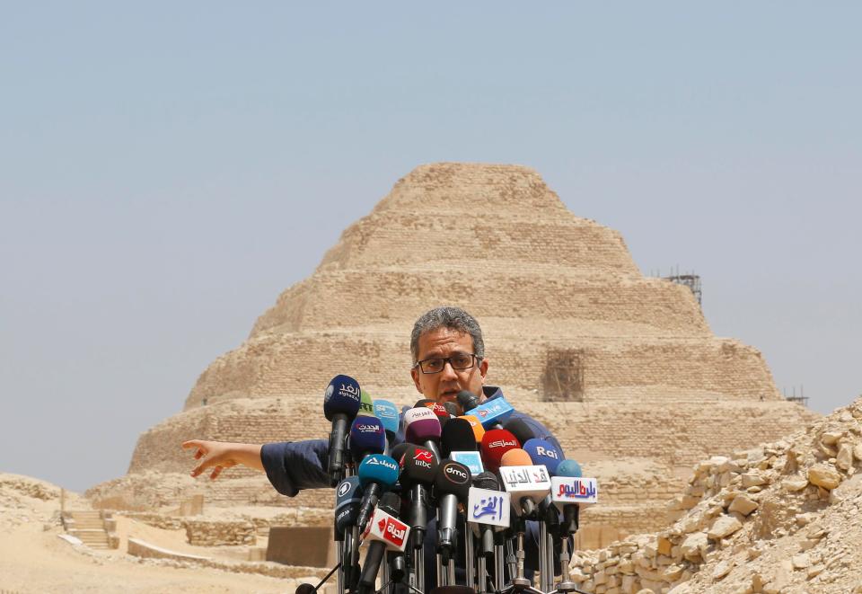  Antiquities Minister Khaled el-Anani, speaks during a press conference in front of the step pyramid of Saqqara, in Giza