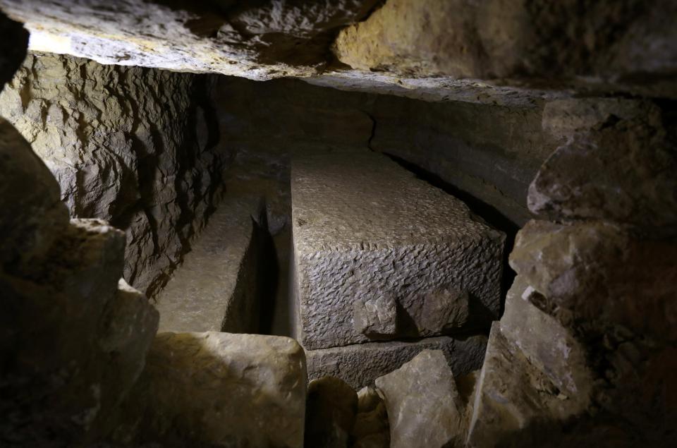  An enclosed coffin seen inside a chamber in a recently discovered burial shaft