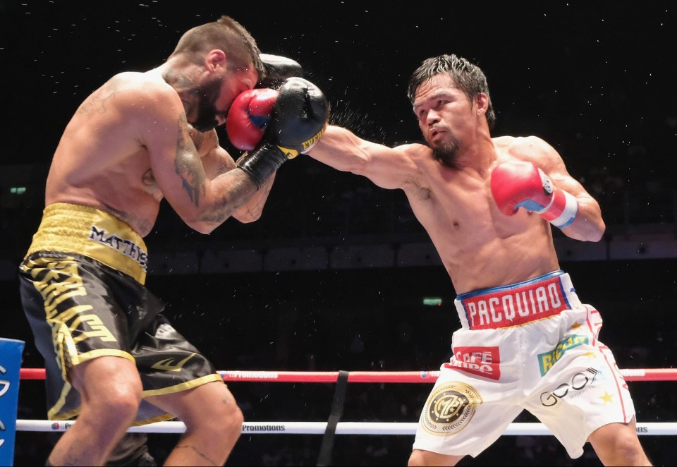 Manny Pacquiao powered to a knockout victory over Argentine Lucas Matthysse and another title