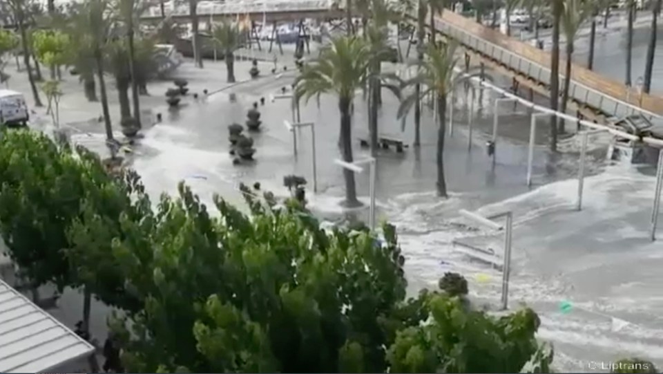 Seawater is seen flooding the streets after one of the giant waves hits