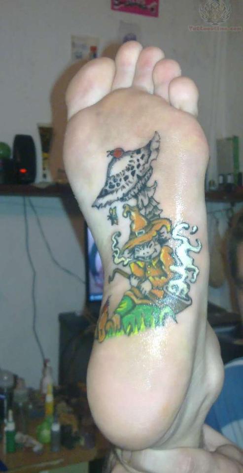  This person got a strange creature smoking a pipe underneath a toadstool tattooed onto his foot