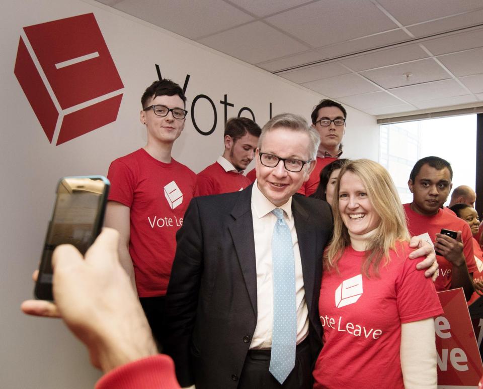  Darren Grimes, seen here on the far-left at the launch of Vote Leave campaign, has been fined £20,000