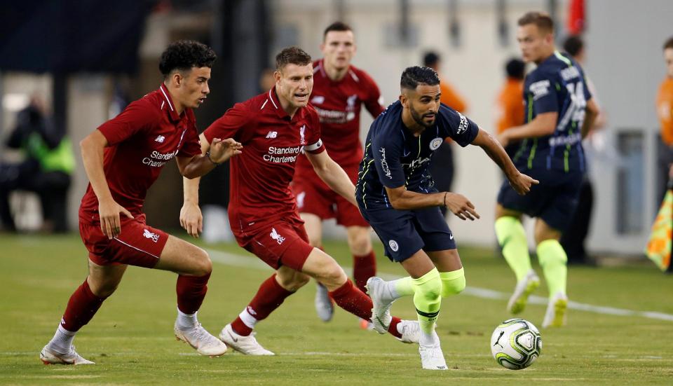 Mahrez gets away from James Milner and Curtis Jones in City's 2-1 defeat to Liverpool