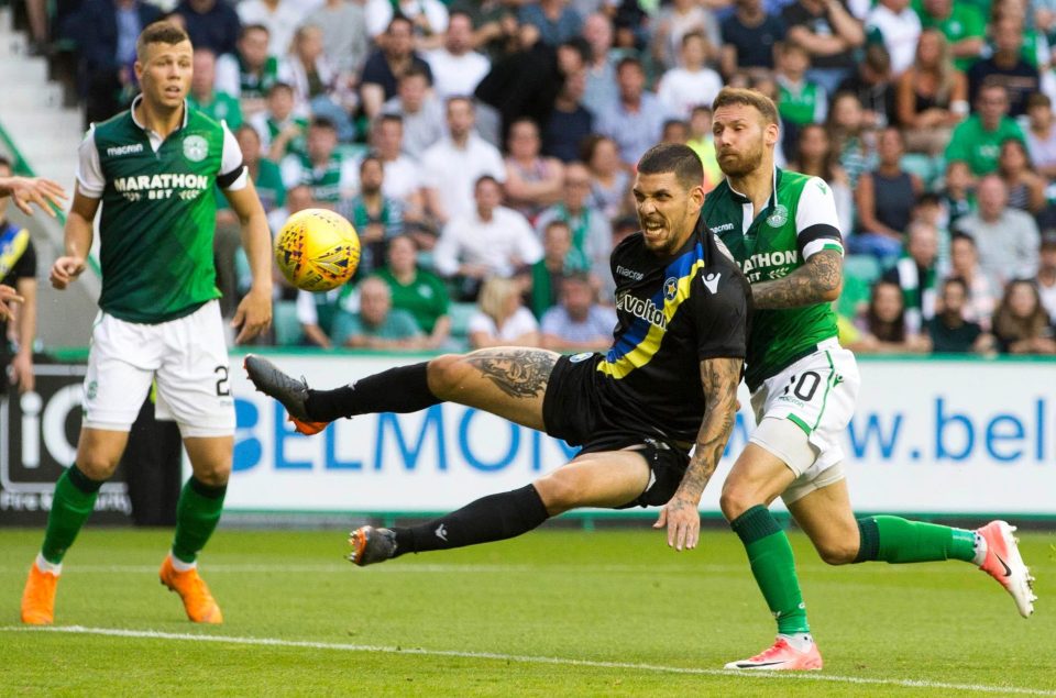  Kostas Triantafyllopoulos goes for goal as Hibs' Martin Boyle closes in