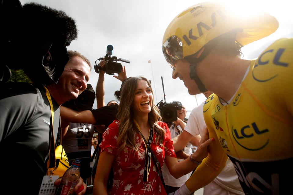  Sarah Elen Thomas celebrates with husband Geraint after the 20th stage of the Tour de France race