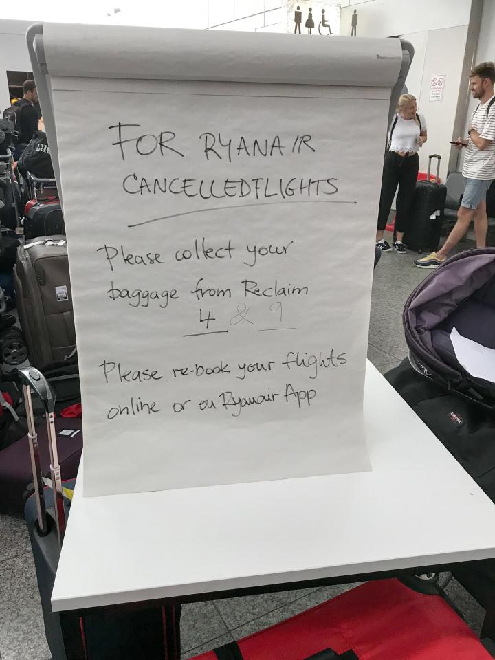  Hundreds of unclaimed bags and suitcases have been left in the baggage area after Ryanair cancelled flights following the thunderstorms on Friday