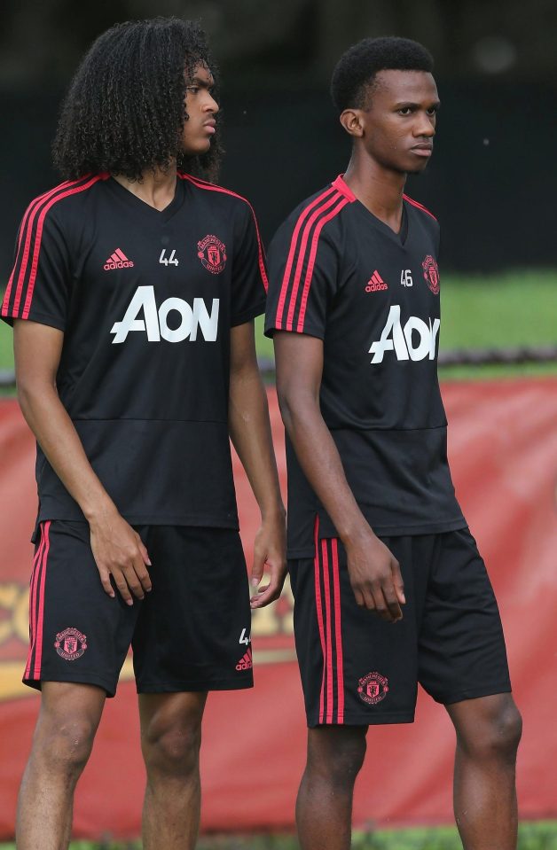  Manchester United youngsters Tahith Chong and Joshua Bohui take a break in training at Barry University in Miami on tour in the USA