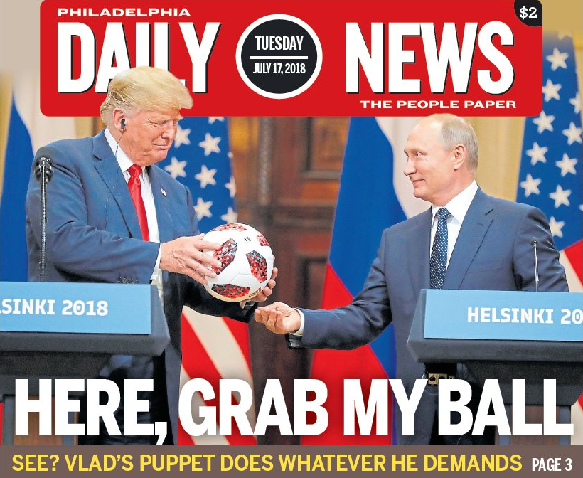 Several papers went with the image of Trump accepting a football from Putin, with the Philadelphia Daily News branding him 'Vlad's puppet'