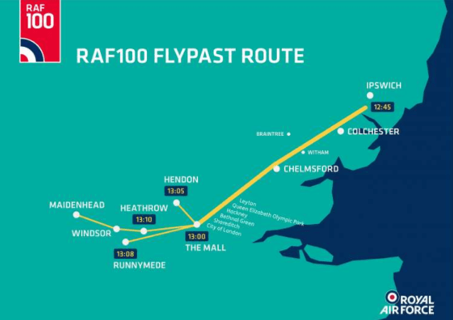  The route of the flypast. It begins in Suffolk at 12.45pm and will hit Central London at 1pm