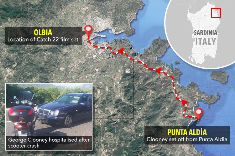 Clooney was riding to a film set in Olbia via State Road 125 when he was struck by the Mercedes