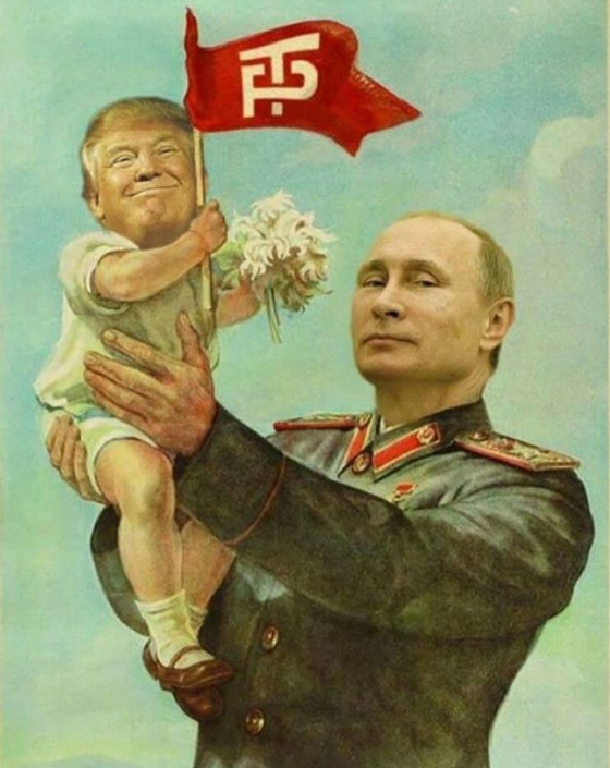 This soviet era-inspired meme showed a proud Putin raising yet another baby Trump to the sky