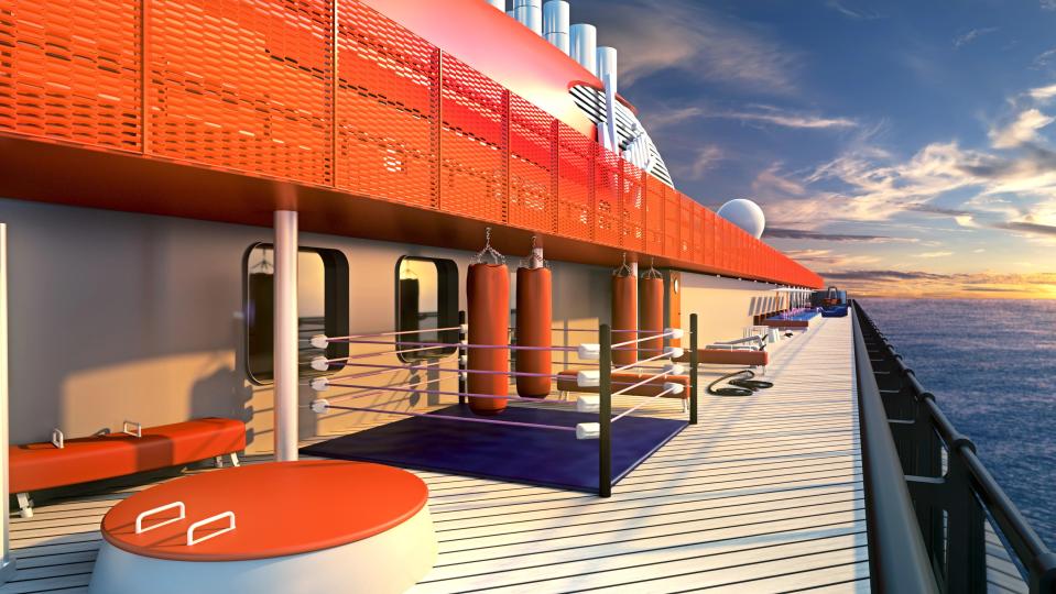  The ship will feature a outdoor training zone, including a boxing ring, strength and gymnastics equipment