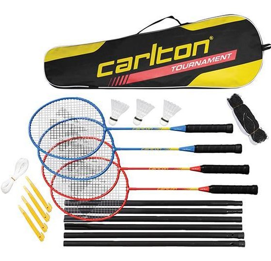  This four-player badminton set includes four steel rackets, three shuttles, a net & post set and tape to mark out the 'court' - all contained in a carrybag