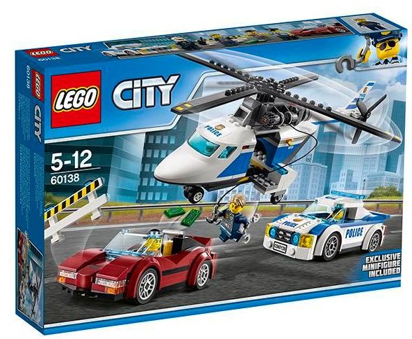  The set includes a helicopter with winch, police pursuit car and 4 minifigures