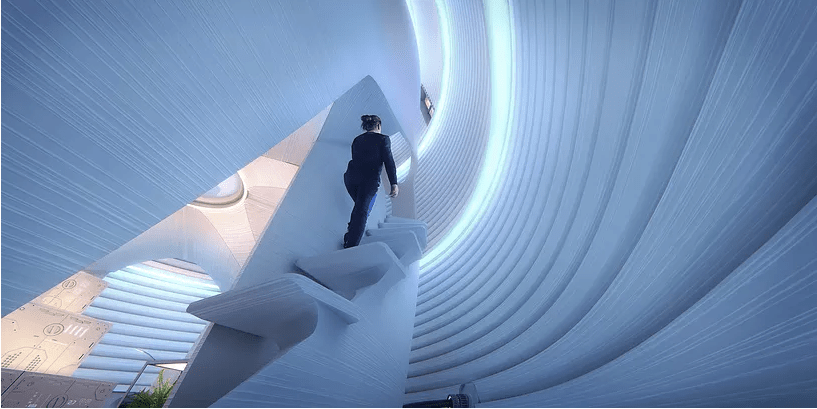  The sci-fi interior of the AI SpaceFactory unit touts a staircase that connects its different zones