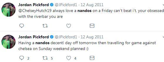  A long list of old Tweets show that Pickford is a massive fan of restaurant chain Nando's