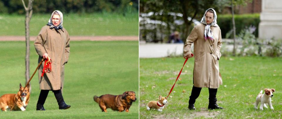  Lauren took her (fake) corgis for a walk around Hyde Park. This timeless look - chic beige trench and glam headscarf - was one of her favourites